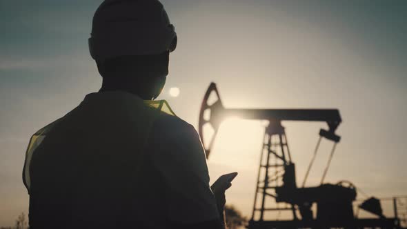 Silhouette of Man Engineer with Phone Overseeing the Site of Crude Oil Production at Sunset.