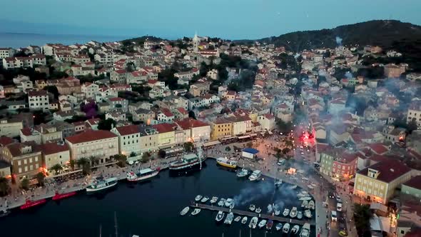 Aerial view of firecrackers during night at Mali Losinj, Croatia.