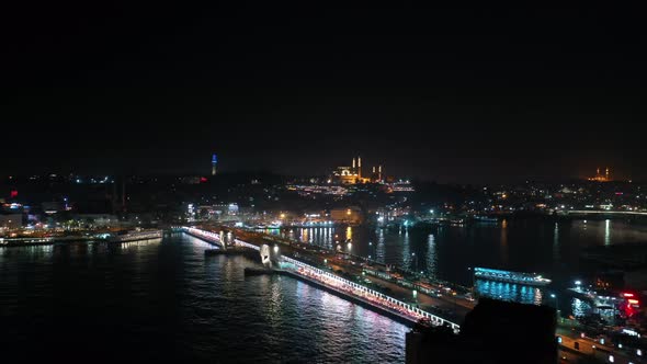 Golden Horn And Galata Bridge Aerial View At Night