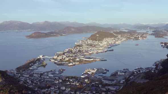 Alesund City on the West Coast of Norway at Sunset Aerial View
