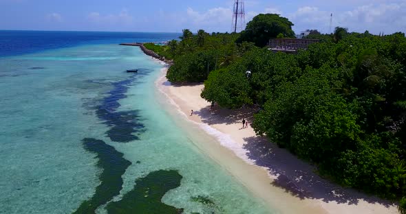 Wide fly over copy space shot of a white sand paradise beach and aqua blue ocean background in 4K