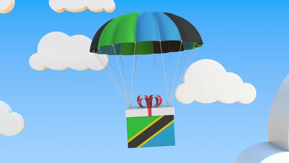 Carton with Flag of Tanzania Falls with a Parachute