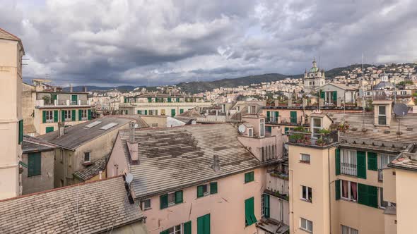 Aerial Panoramic View of European City Genoa Timelapse From Above of Old Historical Centre Quarter