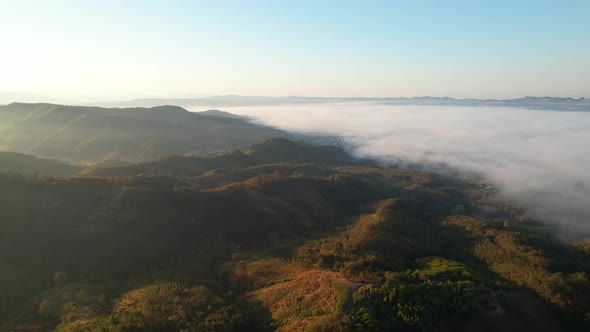 4K aerial view from a drone flying over the valley, fog in the morning.