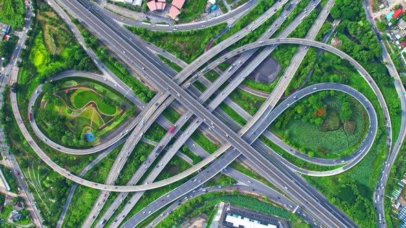 Stunning Aerial view drone shot above freeway traffic