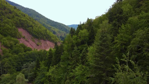 steep green mountains, deep forest and mountain road, beautiful valley