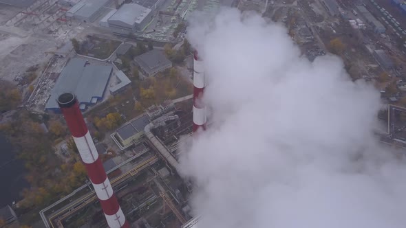 Smoke Comes From the Chimney. Aerial. Air Pollution. Ecology. Kyiv. Ukraine.