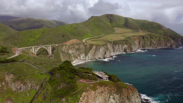 Well-known and Famous with Tourists Arch Bridge. Bixby Creek Bridge. Aerial View