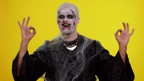 Creepy Man Halloween Zombie Showing Ok Gesture Like Sign Positive Something Good Smiles Terribly