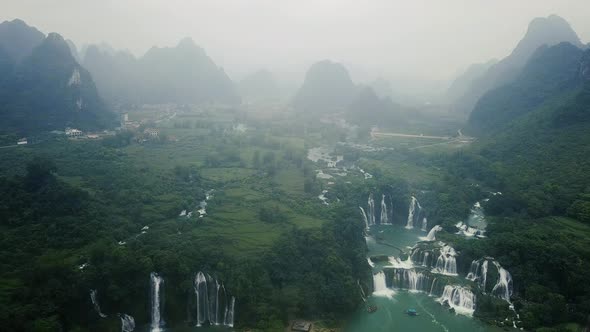 Aerial view, panorama view of beautiful waterfall