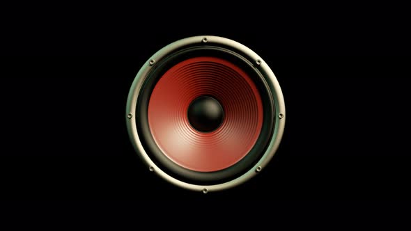 Audio Speaker with Red Membrane Playing Modern Music Isolated on Black Background