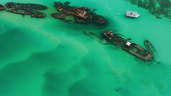 Great dive site, clear water, Shipwrecks at Moreton Island, drone view, Queensland Australia