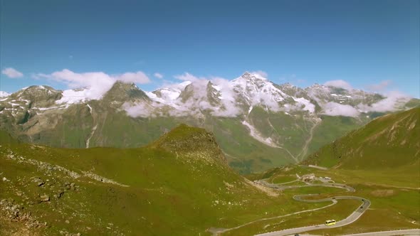 Traffic on the Grossglockner alpine road, aerial view