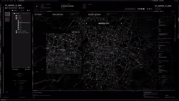 Futuristic detection software examining the transportation routes in a big city alt