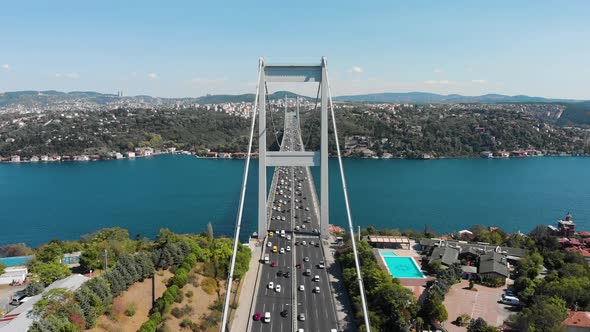 Aerial view of Fatih Sultan Mehmet Bridge and car traffic