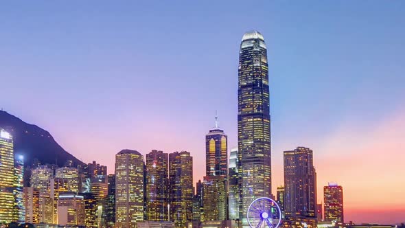 Hong Kong China Skyline Panorama with Skyscrapers Day to Night From Across Victoria Harbor Timelapse