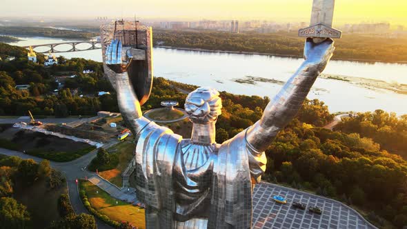 Monument Motherland in the Morning. Kyiv, Ukraine. Aerial View