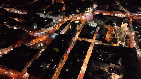 Flight Over the Picturesque European City at Night