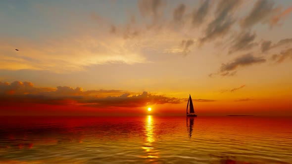 Sunset Ocean and Sailboat Landscape