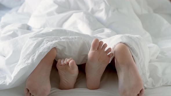 Passionate Loving Couple Having Sex Under White Blanket in Bedroom Close Up of Male and Female Feet