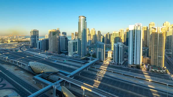 Dubai Marina Skyscrapers Aerial Top View at Sunrise From JLT in Dubai Timelapse UAE