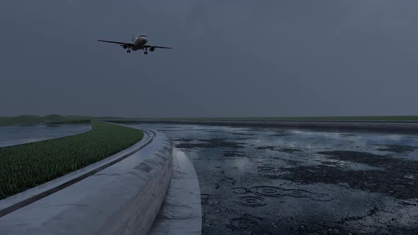 Passenger Airplane Landing in Rainy Weather