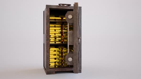 Precious gold bullion bars stacked tightly in a vintage safe with metal door.