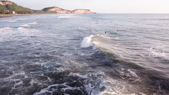 Ocean Waves Perfect For Surfing Activity Near Olon Beach. - aerial static shot