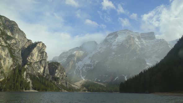 Exciting Panorama of Beautiful Dolomites, View on Trees and Lake Prags, Travel