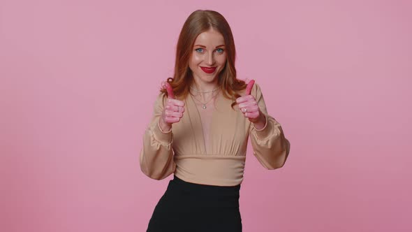 Businesswoman Girl Raises Thumbs Up Agrees Gives Positive Reply Recommends Advertisement Likes Good