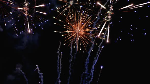 Fireworks Flashing in the Night Sky, Slow Motion, Real Fireworks with Smoke