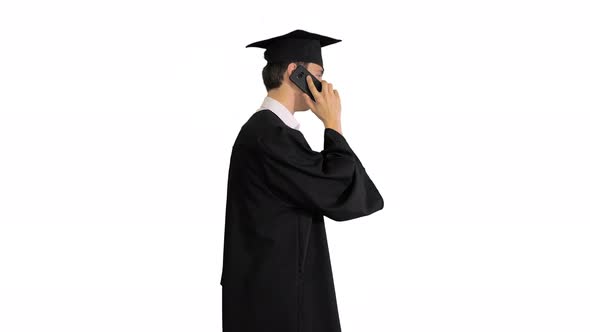 Graduating Student Starts Walking and Making a Call on White Background