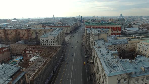 Aerial View of Traffic on Tverskaya Street Near the Moscow Kremlin