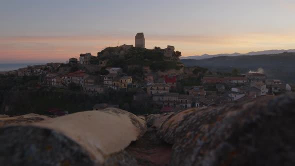 Tower and Medieval Village of Condojanni in Calabria After Sunset