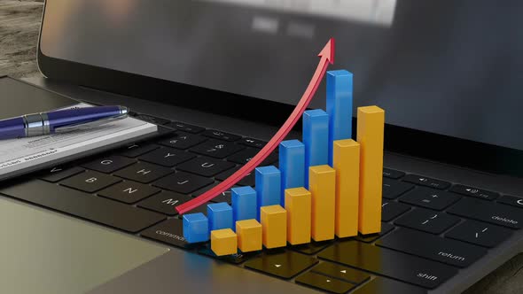 Growing 3D Financial Graph on Laptop Keyboard, Financial Statistics, Analytics