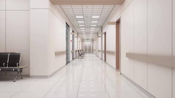 Empty Hospital Corridor With Seats, Doctor Offices, And Emergency Service