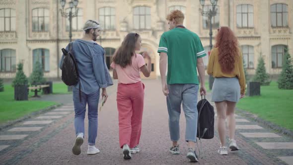 Wide Shot of Four Caucasian College Students Walking To University Building. Back View of Confident