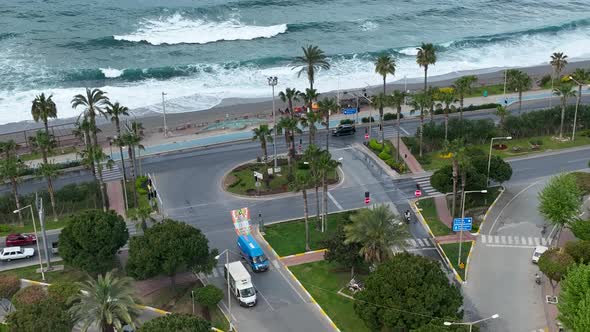 Traffic on the Beach aerial view 4 K Turkey Alanya