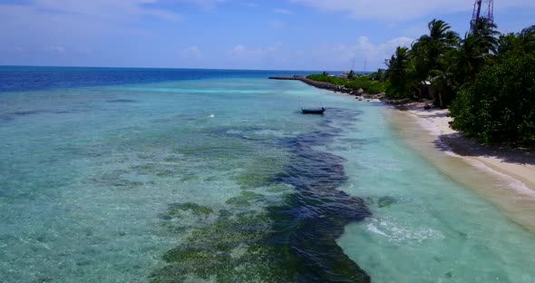 Tropical above abstract shot of a sandy white paradise beach and aqua turquoise water background in 