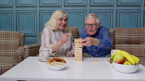 Senior Couple Grandfather Grandmother Resting on Sofa Playing Game with Wooden Blocks at Home