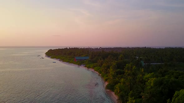 Aerial tourism of coast beach journey by blue water and sand background