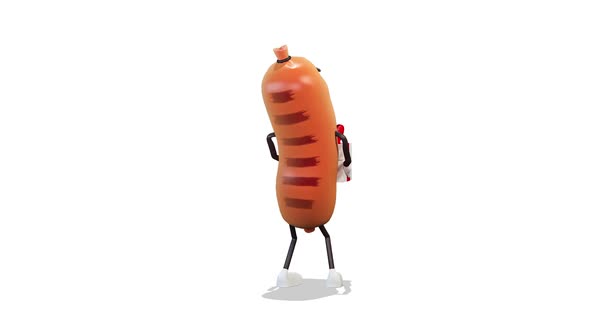 Sausage Dancing With A Gift Around Him on White Background