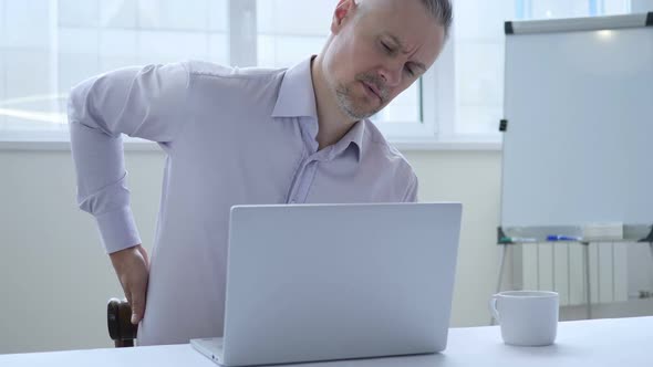 Middle Aged Businessman with Spinal Back Pain Working in Office