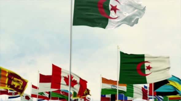 Algeria Flag With World Globe Flags Morning Shot