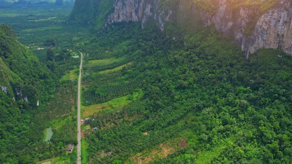 Drone are flying over the road and mountains