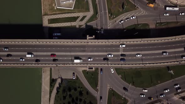 Drone's Eye View -  Car Bird Eye View of Urban Traffic Jam on a Car Bridge
