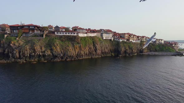 View From a Height of the City of Sozopol with Houses and Boats Near the Black Sea