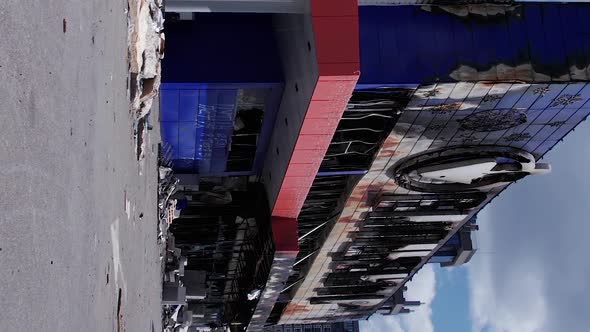 Vertical Video of a Burnt Shopping Center During the War in Bucha Ukraine