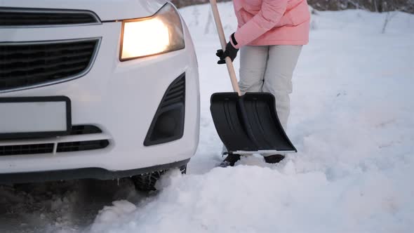 Woman Digging Snow From Wheel of Her Stuck Car