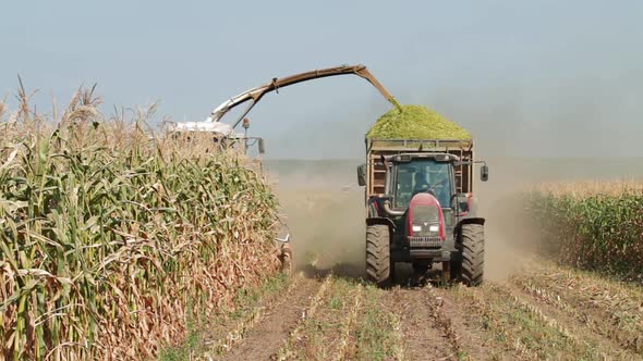 Combine and Tractor Drive Slowly Across Field